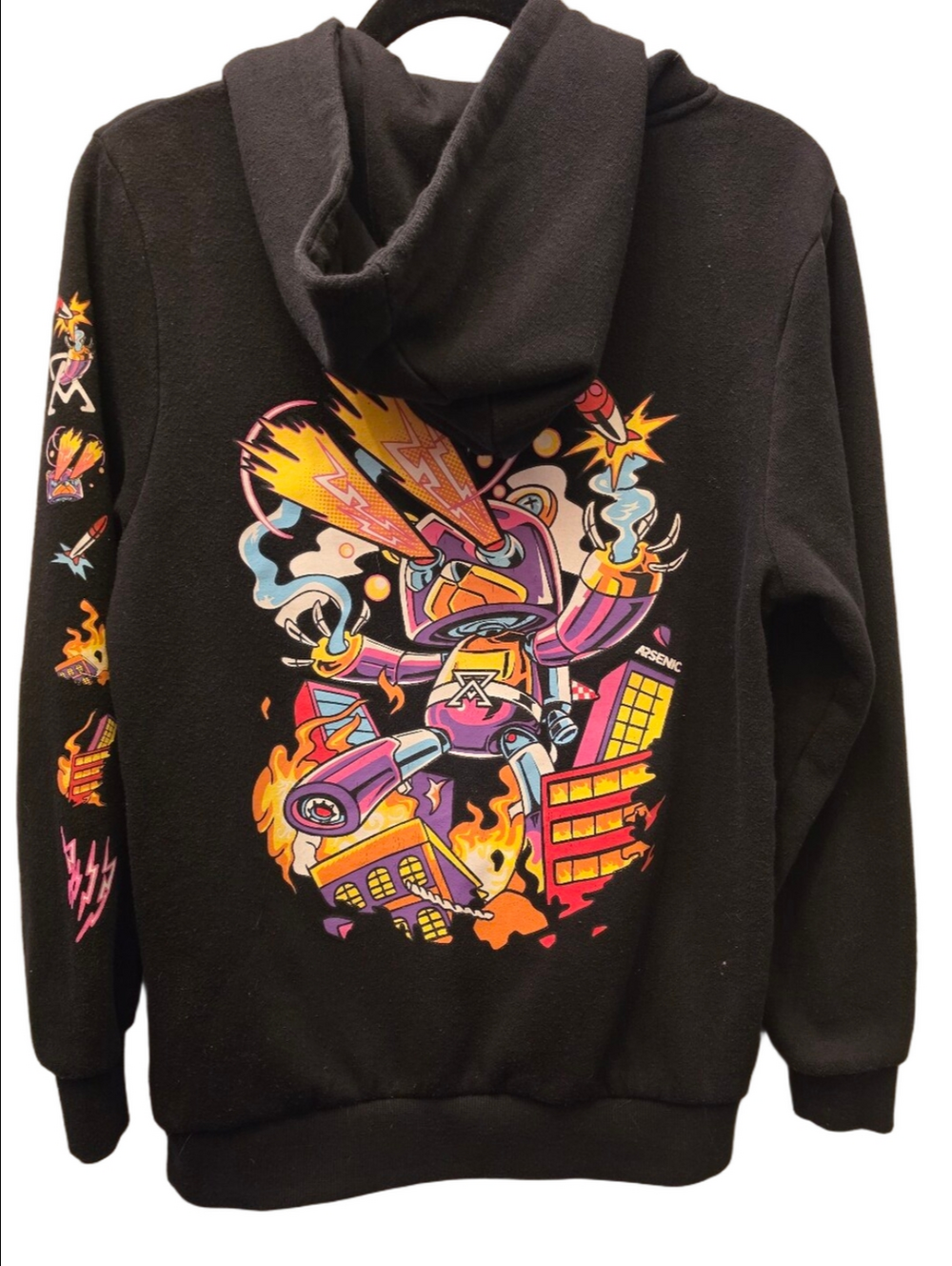Arsenic Youth L Robot Graphic Hoodie Black Streetwear Full Back Sleeve Print